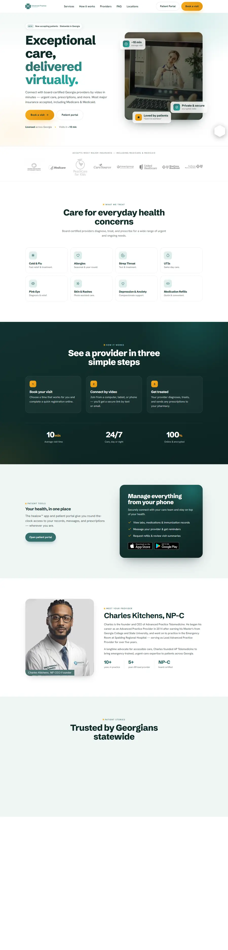 Advanced Practice Telemedicine homepage, desktop view