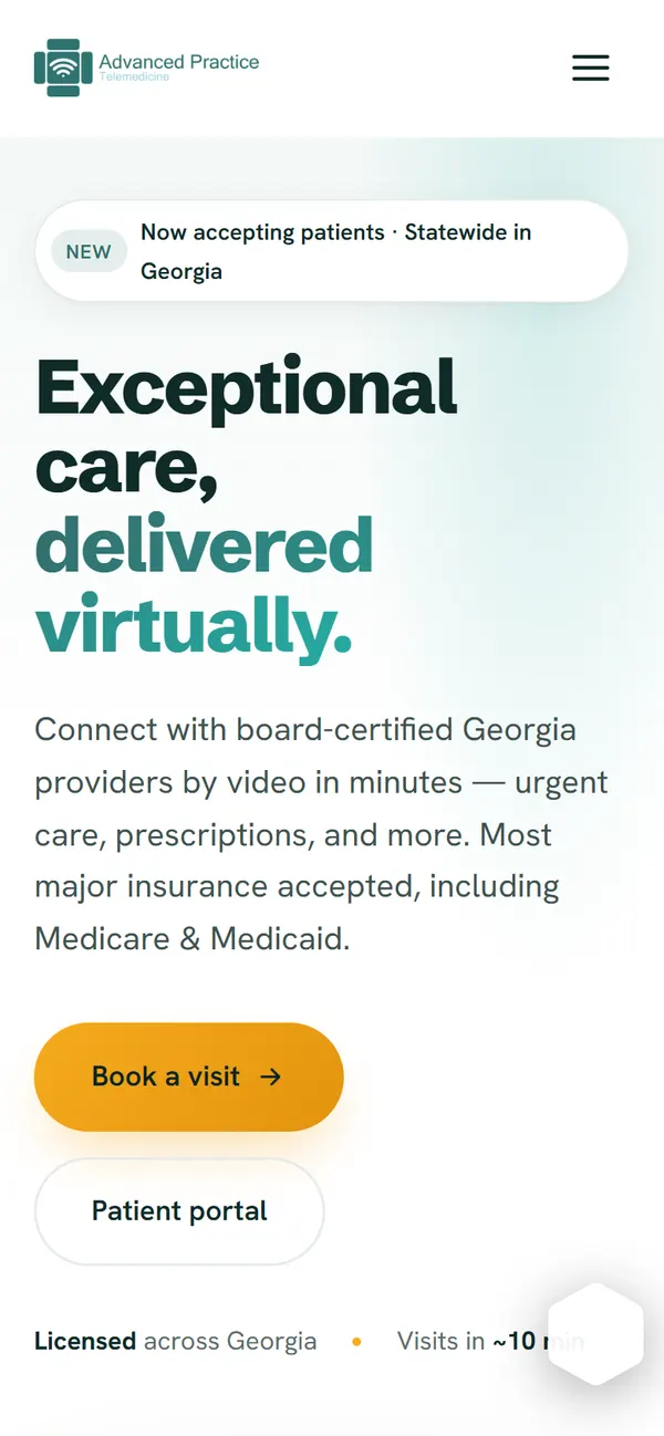 Advanced Practice Telemedicine homepage, mobile view