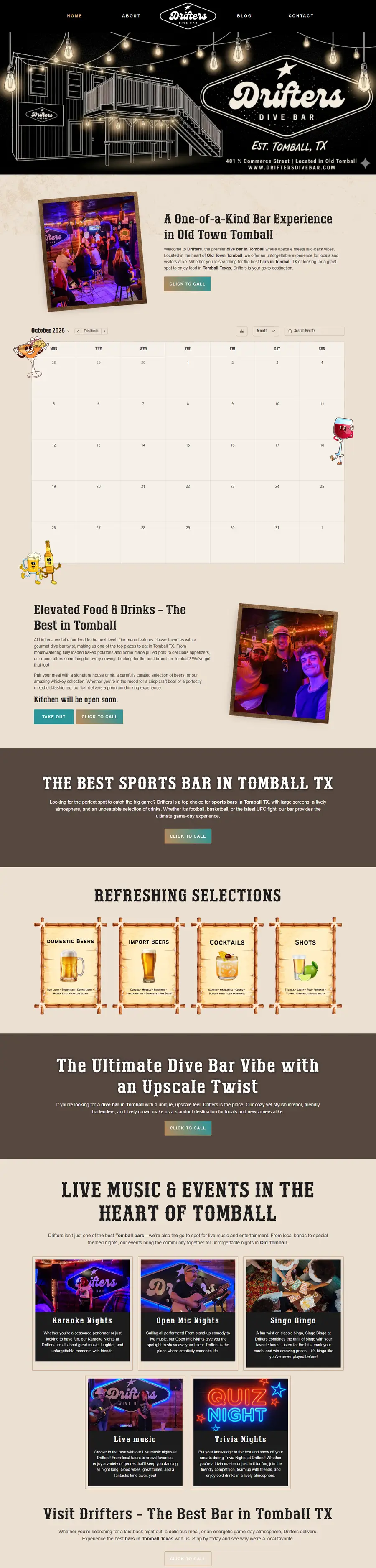 Drifters Dive Bar homepage, desktop view