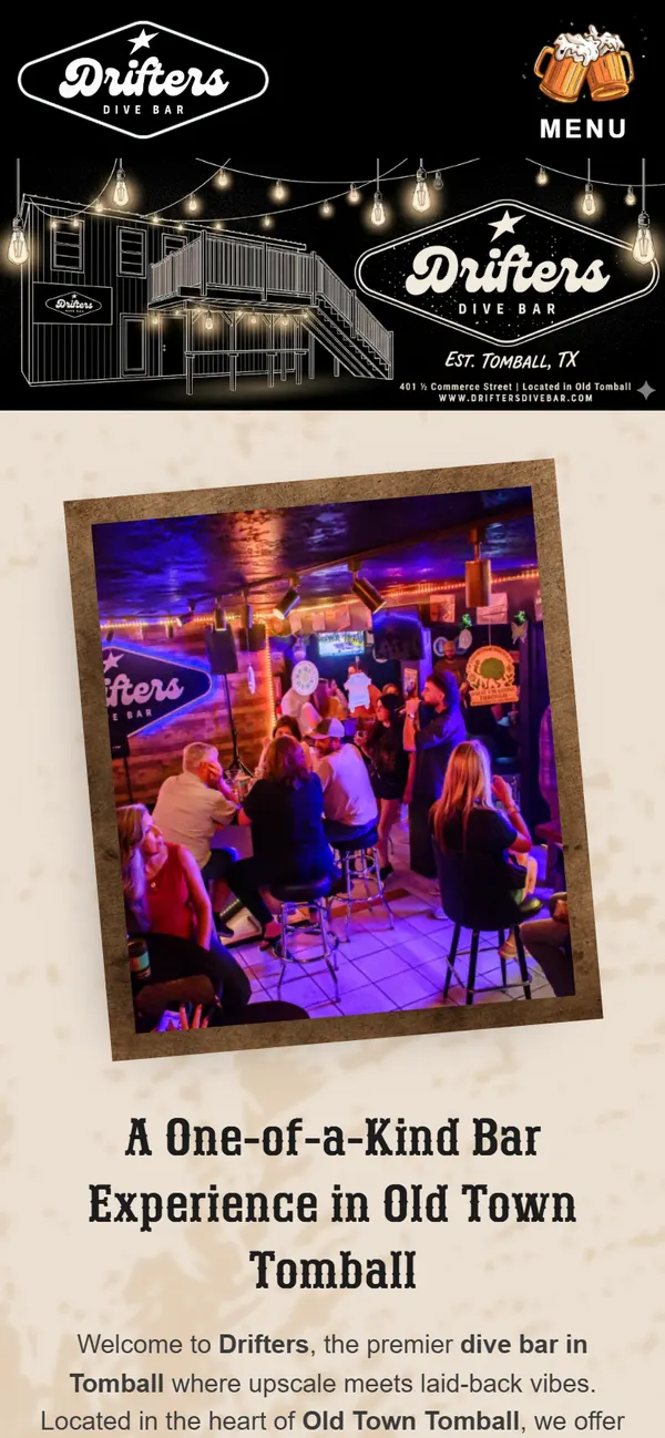Drifters Dive Bar homepage, mobile view