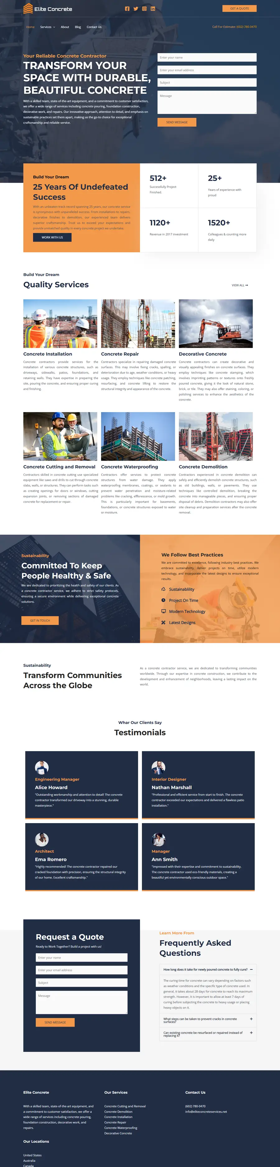 Elite Concrete homepage, desktop view
