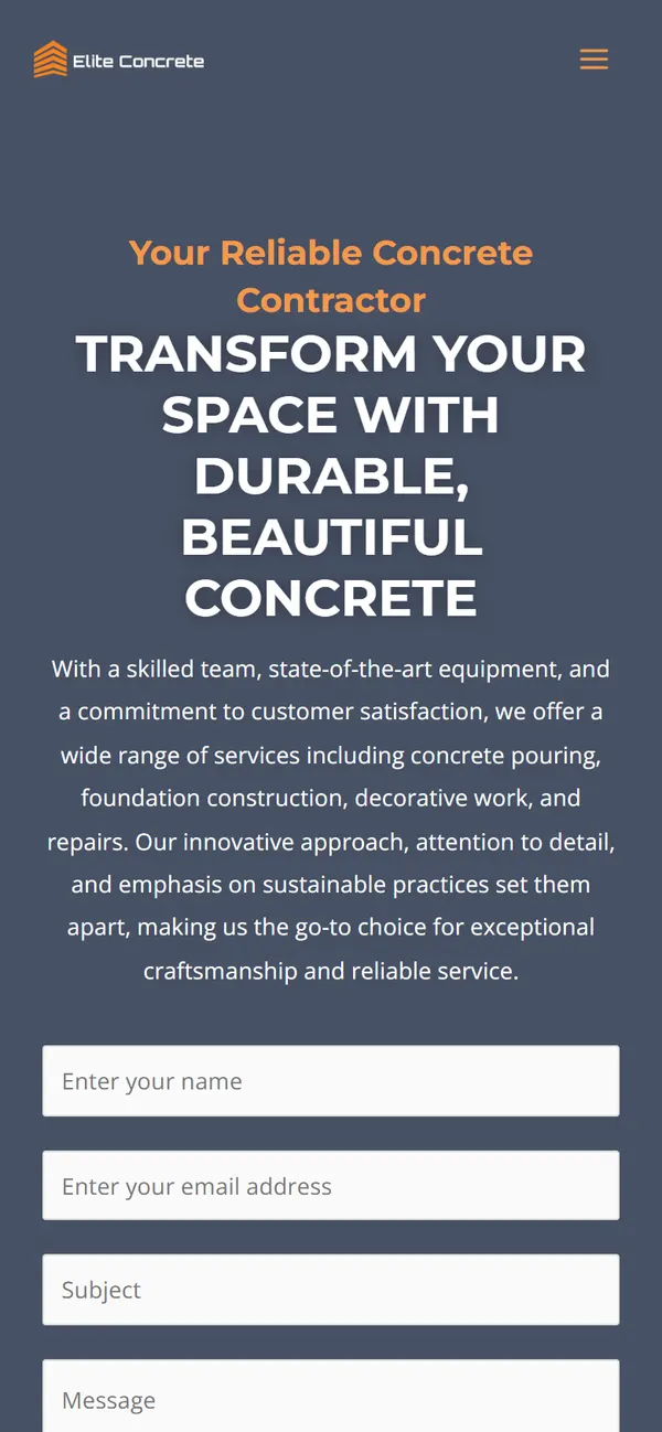 Elite Concrete homepage, mobile view