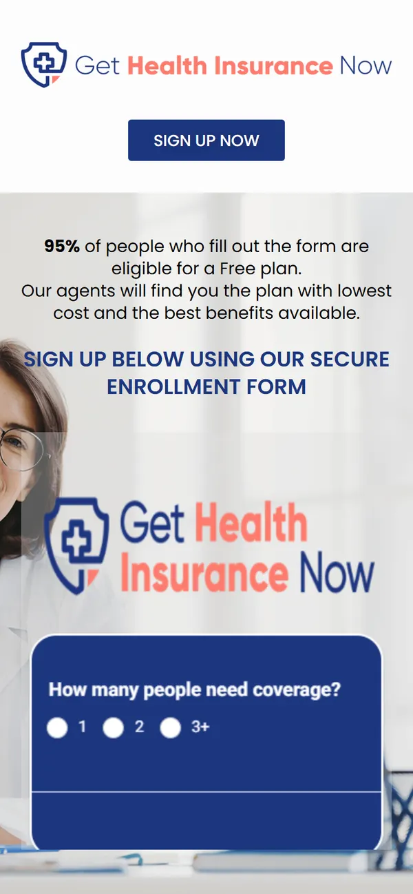 Get Health Insurance Now homepage, mobile view