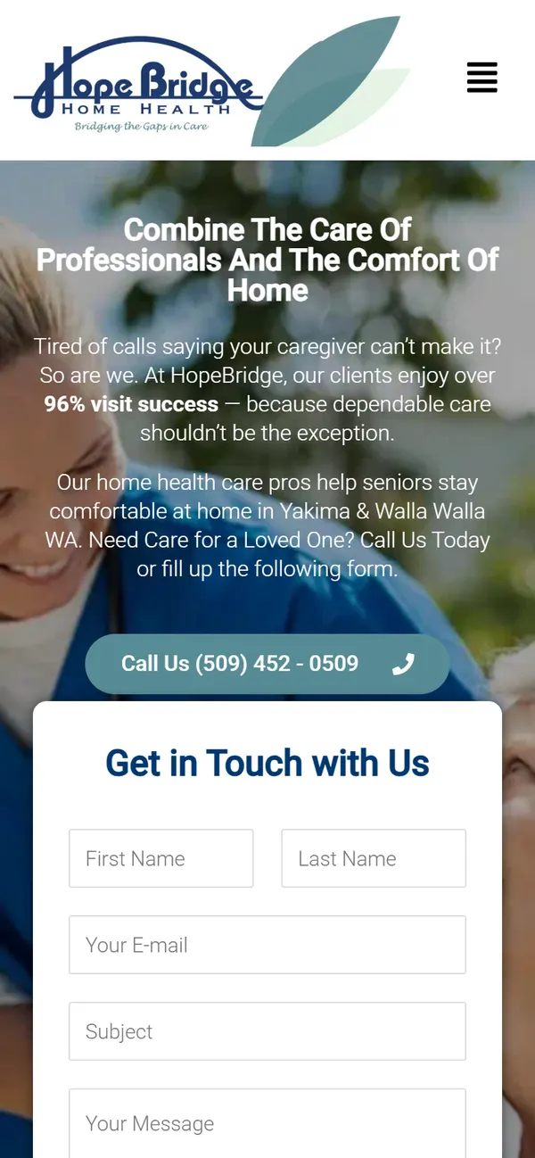 Hopebridge Home Health homepage, mobile view