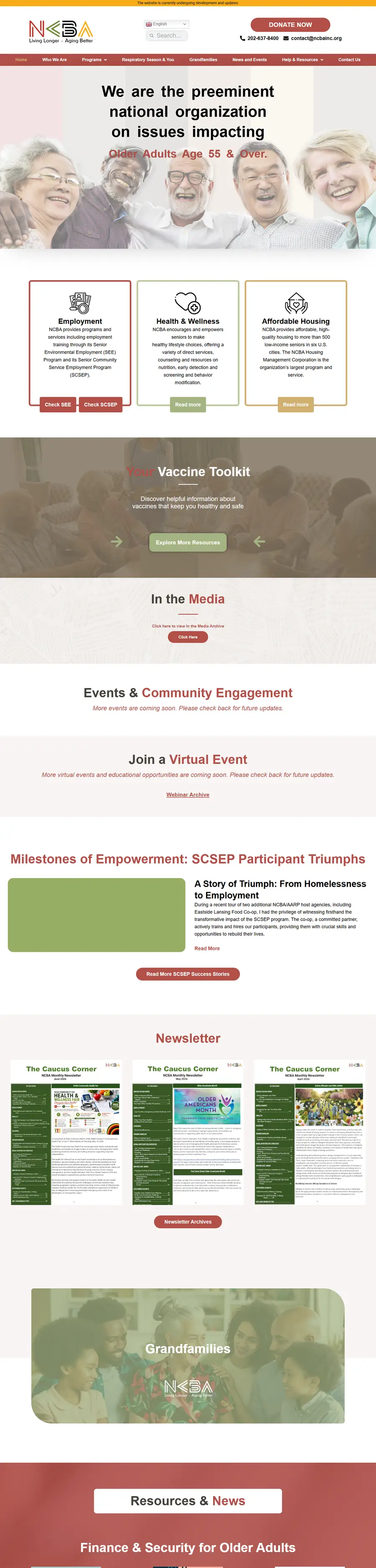 NCBA homepage, desktop view