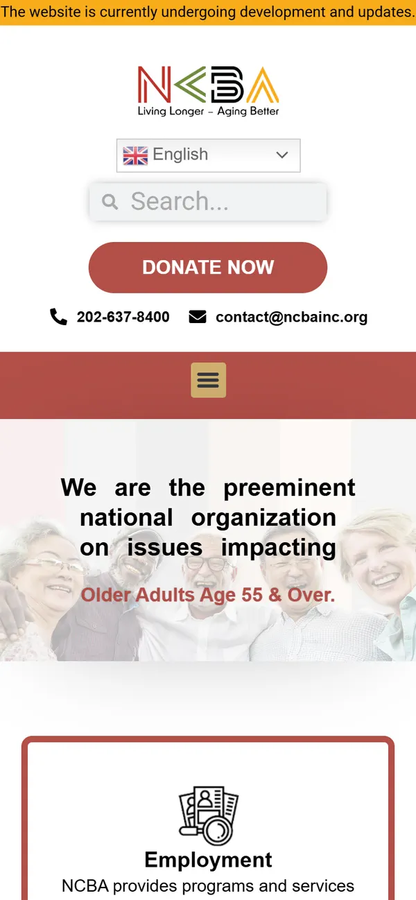 NCBA homepage, mobile view