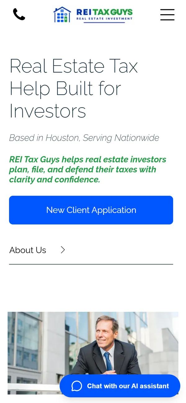 REI Tax Guys homepage, mobile view